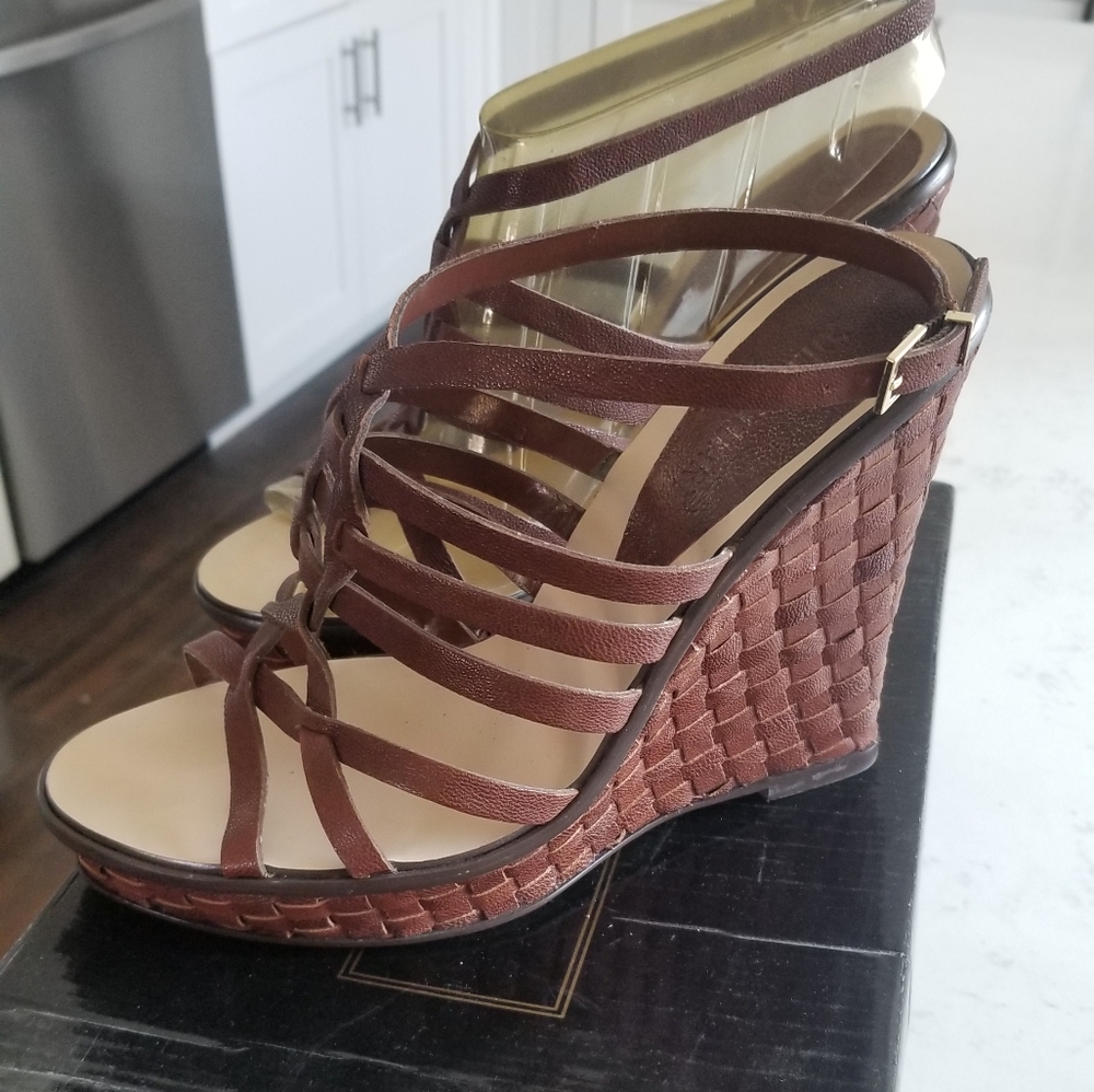 Excellent Colin Stuart Sz 9 Chocolate Brown Leather Wedges